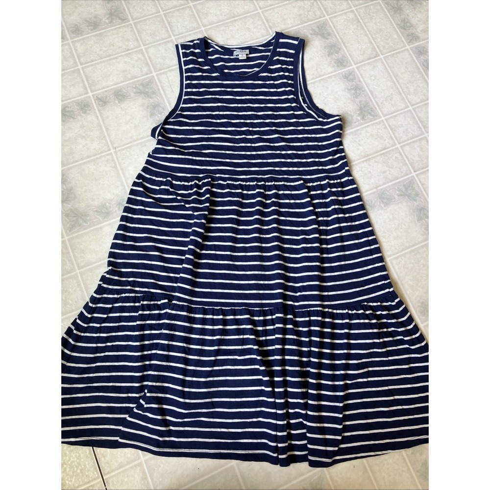 J. Crew Dress Small Navy Blue White Striped Sleeveless Tiered Cotton Knit Preppy